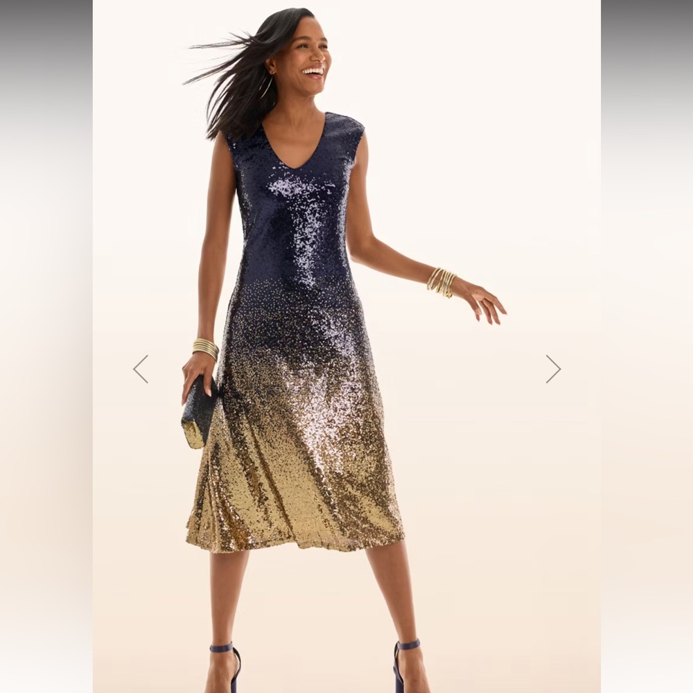 Johnny Was Sequined Ombré Short Sleeve V-Neck Midi Part Dress Navy Gold 10 NWT